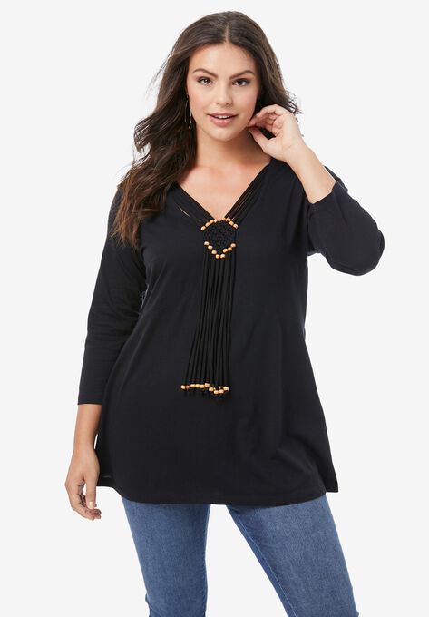 Macrame-Fringe Tee, BLACK, hi-res image number null