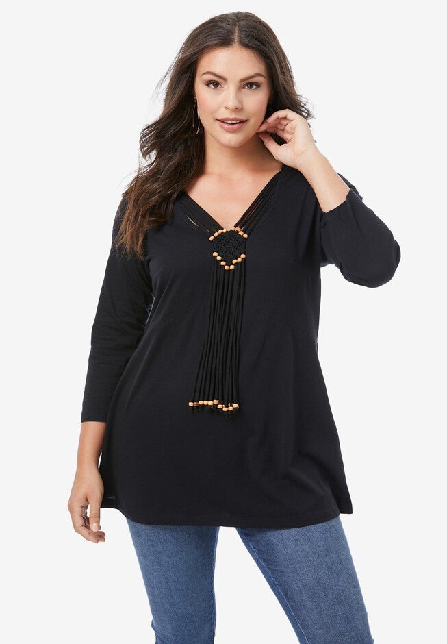 Macrame-Fringe Tee, BLACK, hi-res image number 0