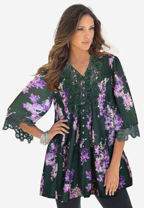 Juliet Lace Big Shirt, GREEN WATERCOLOR BOUQUET, hi-res image number null