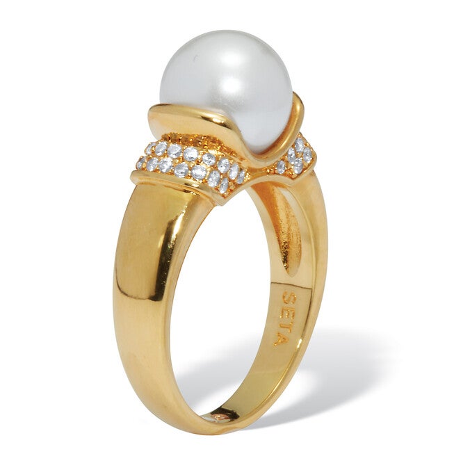 .32 TCW Round Simulated Pearl and CZ Accent Yellow Gold-Plated Ring (2/5 inches), WHITE, on-hover image number null