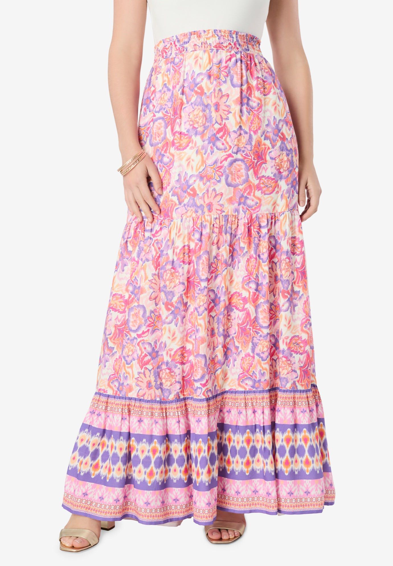 Plus Size Tiered Maxi Skirt, FLORAL IKAT BORDER, hi-res image number 0