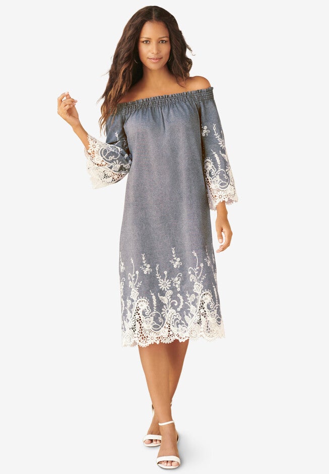 Eyelet Off-The-Shoulder Dress, LIGHT STONEWASH, hi-res image number 0