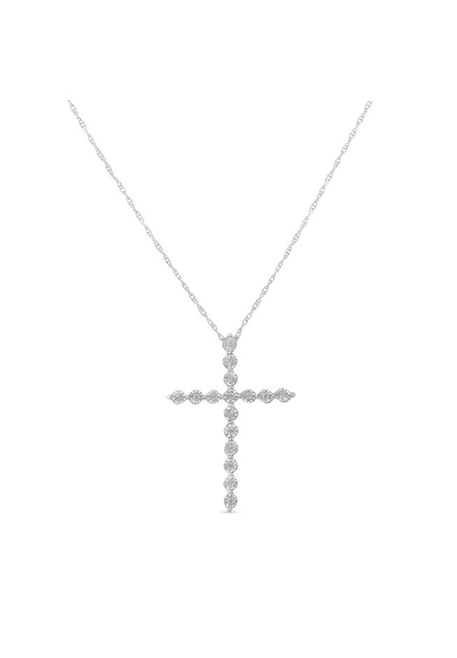 Sterling Silver Brilliantcut Diamond Miracleset Shared Prong Cross Pendant Necklace, , on-hover image number null