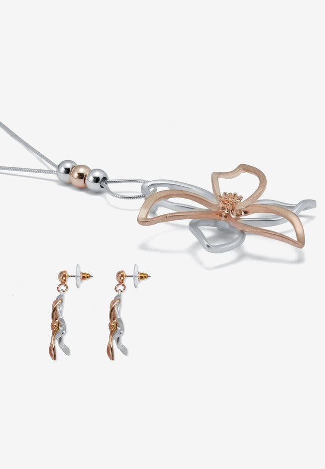 14K Rose-Plated Flower Drop Earring And Necklace Set 36-Inch, , on-hover image number 1