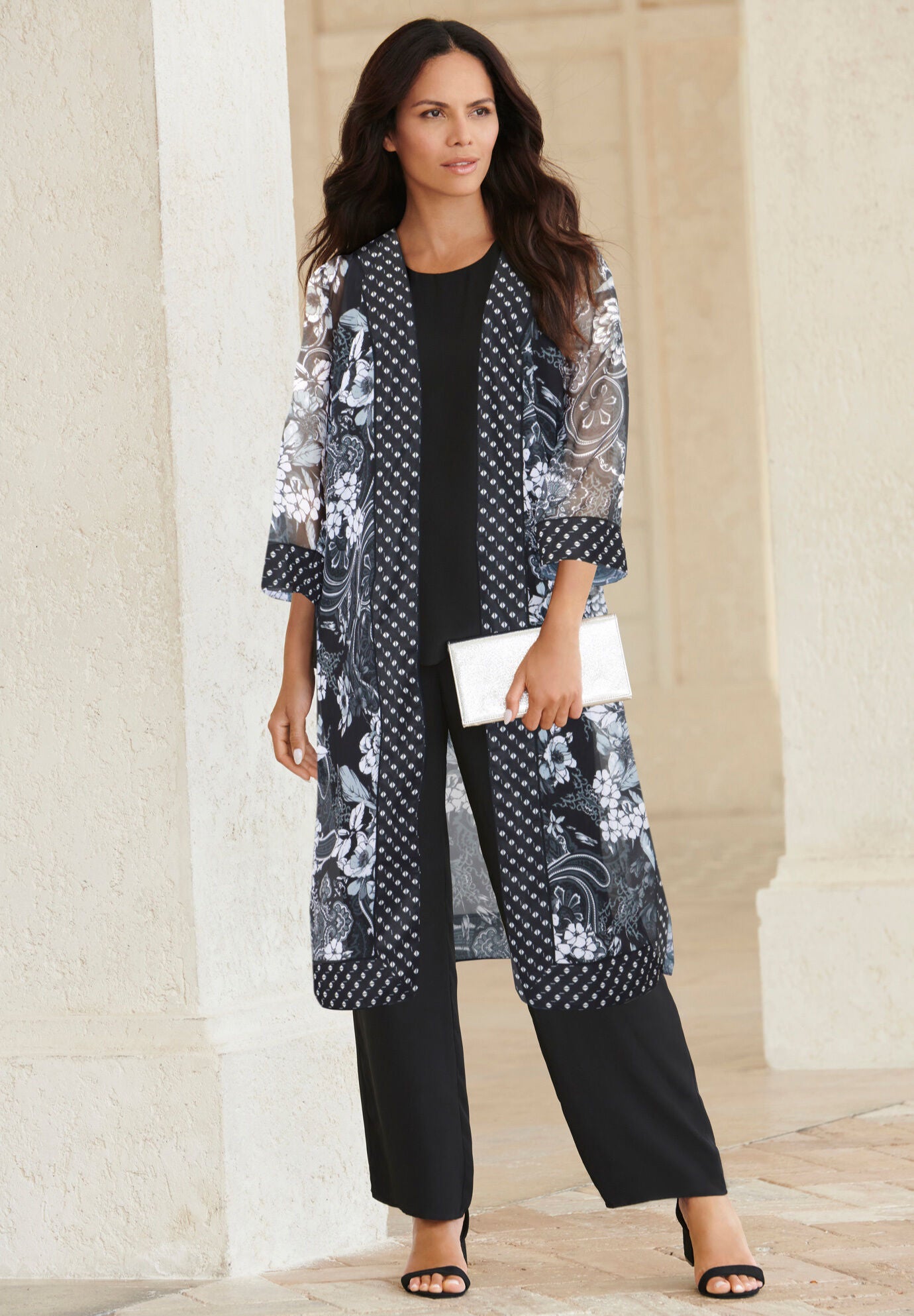 Plus-Size 3/4 Sleeve 3 Piece ITY Printed Duster Pant Set, , alternate image number 3