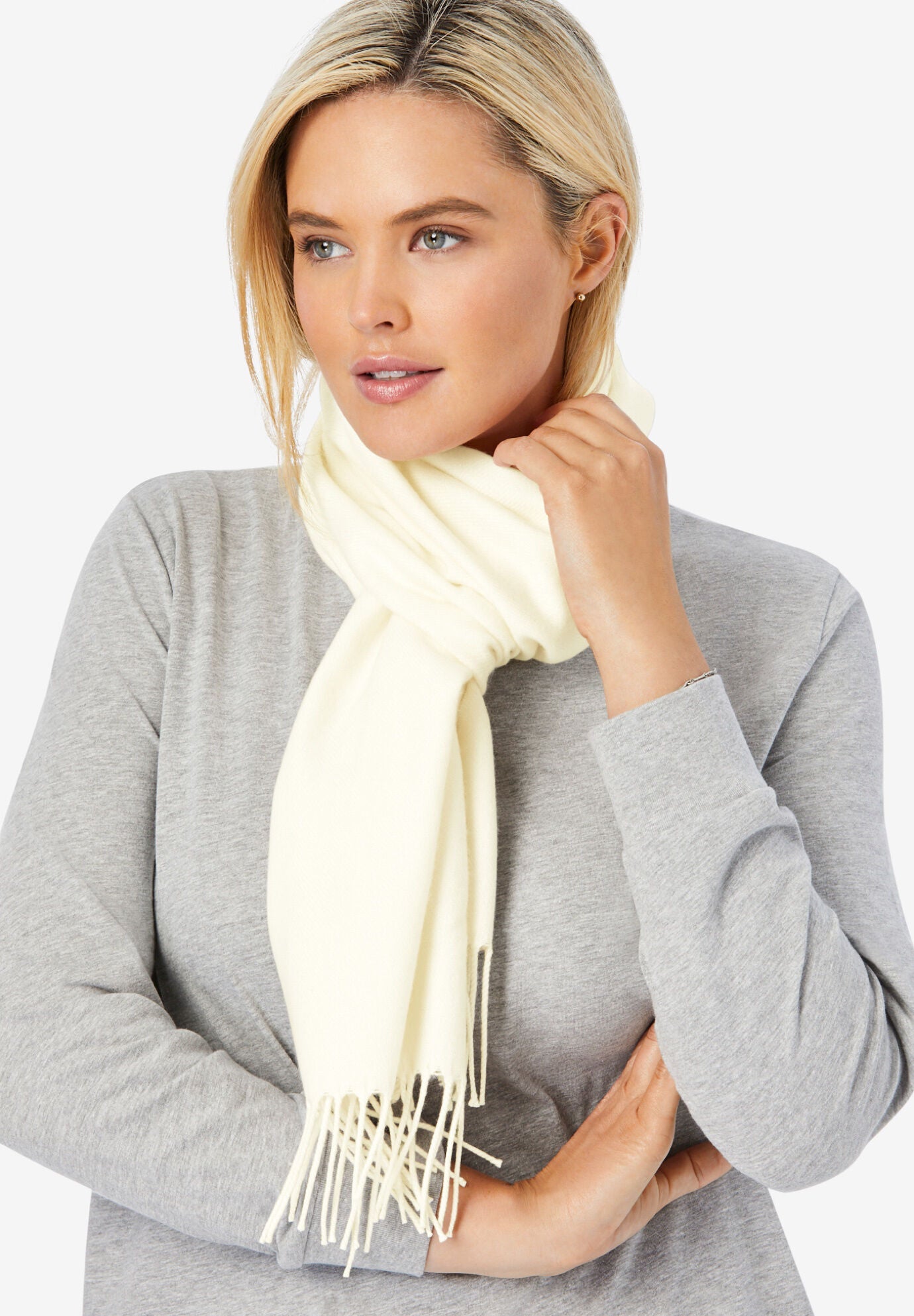Plaid Fringed Scarf, IVORY, hi-res image number 0