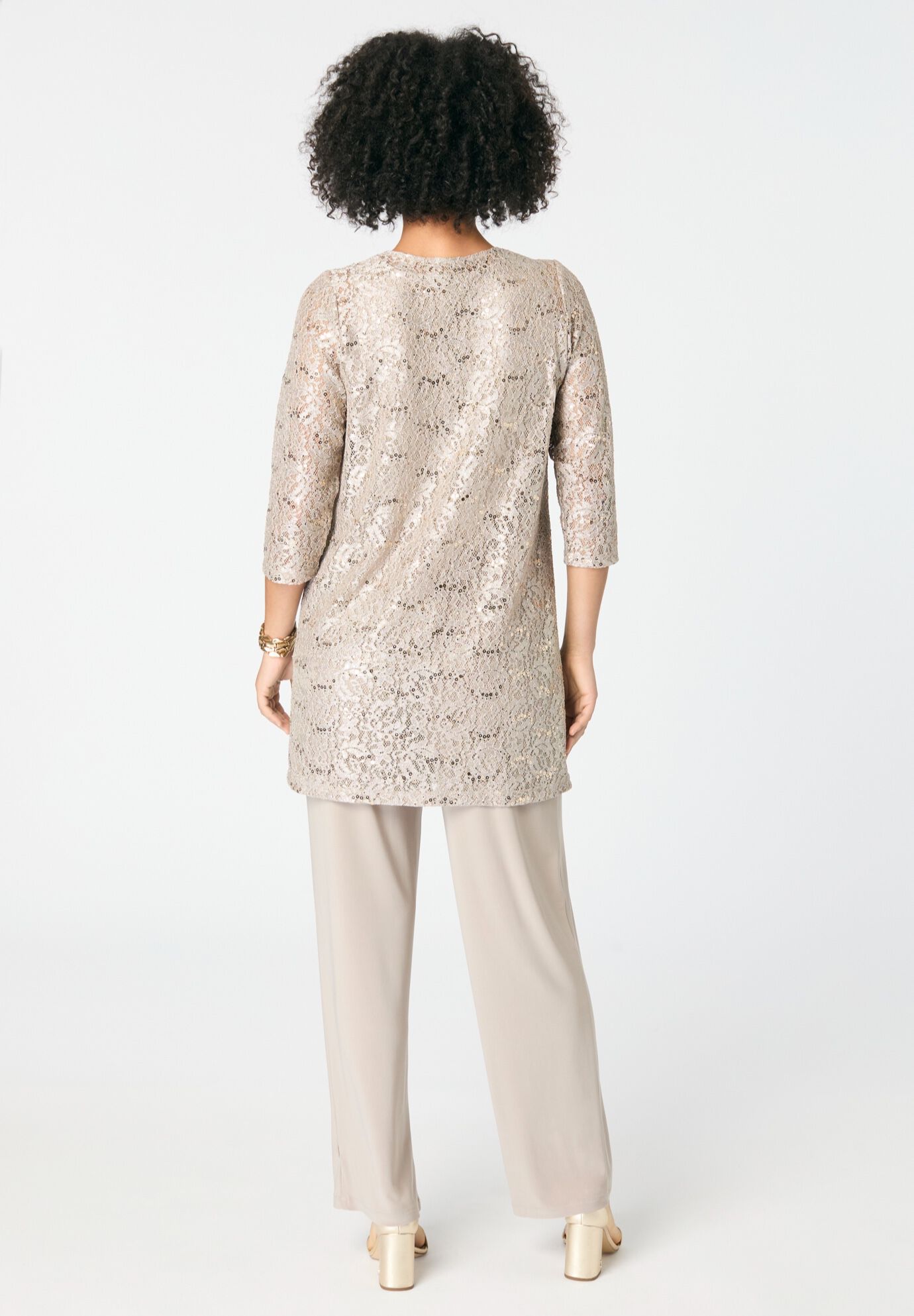 Plus-Size 3 Piece 3/4 Sleeve Foil Lace Duster Pant Set, SPARKLING CHAMPAGNE, alternate image number 2