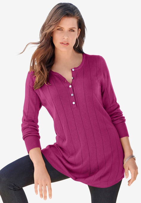 Fine Gauge Drop Needle Henley Sweater, RASPBERRY, hi-res image number null