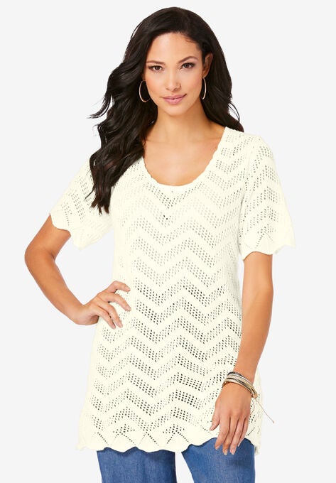 Scalloped Pullover Sweater, IVORY, hi-res image number null
