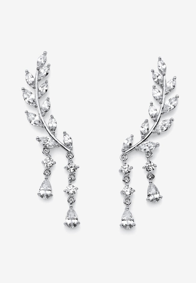 Silvertone Marquise Cut Ear Climber Drop Earrings Cubic Zirconia, SILVER, hi-res image number 0