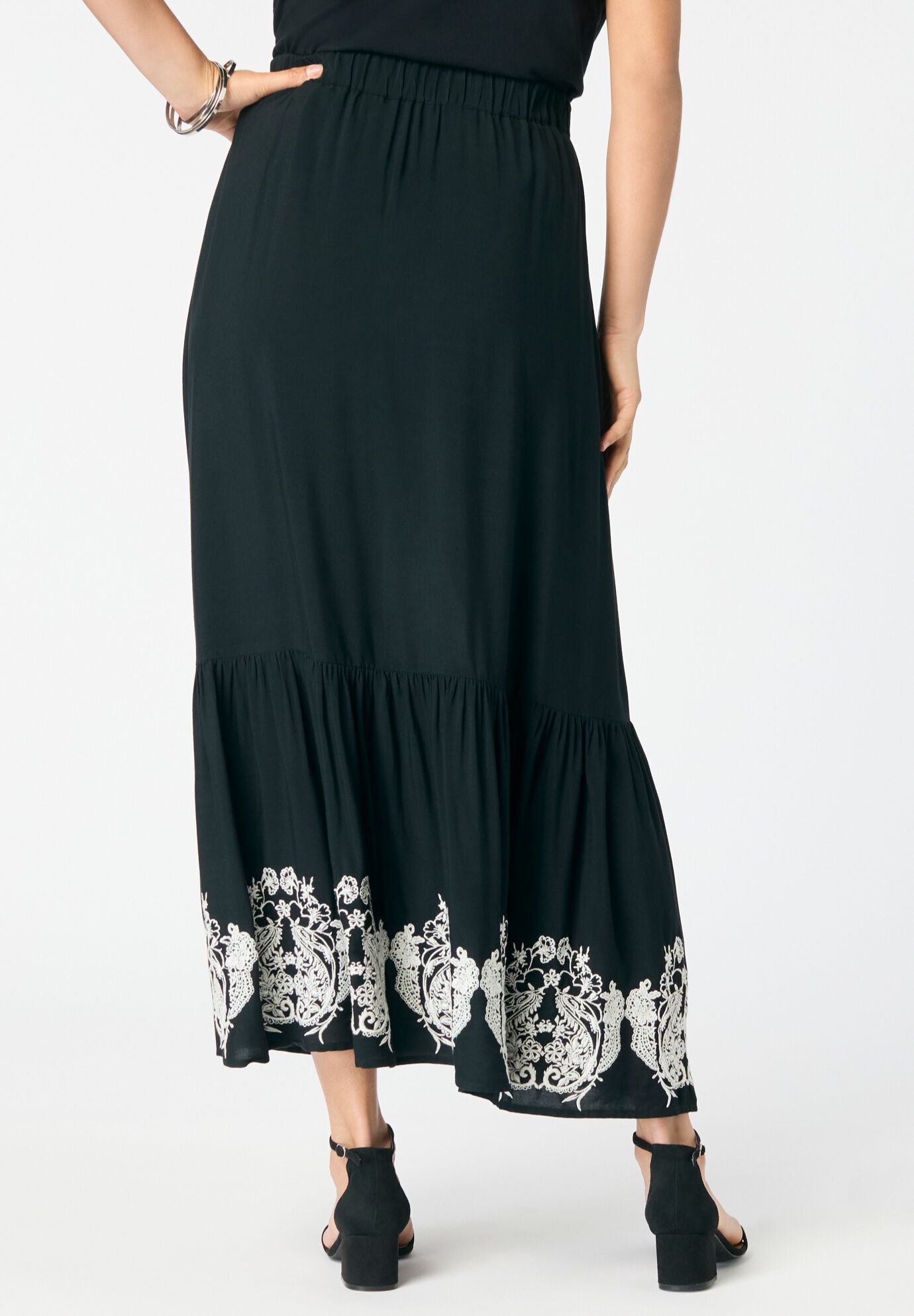 Plus Size Lace-Trim Pull-On Skirt, BLACK, on-hover image number 1