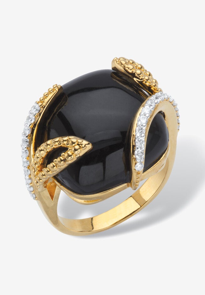 Yellow Gold-Plated Genuine Onyx and Cubic Zirconia Cabochon Ring, ONYX, hi-res image number 0