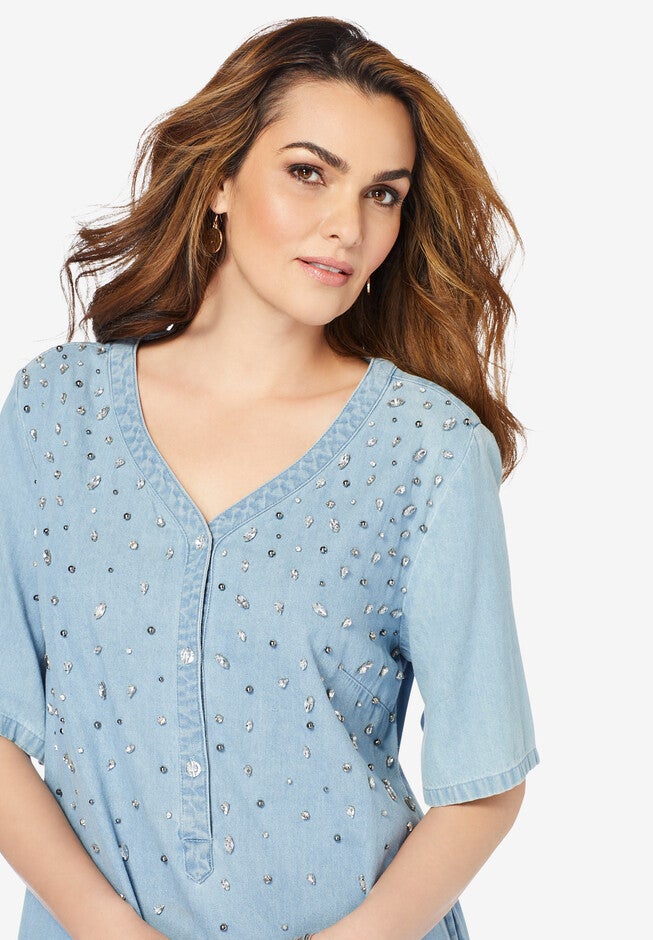 Embellished Denim Shirtdress, , alternate image number 3