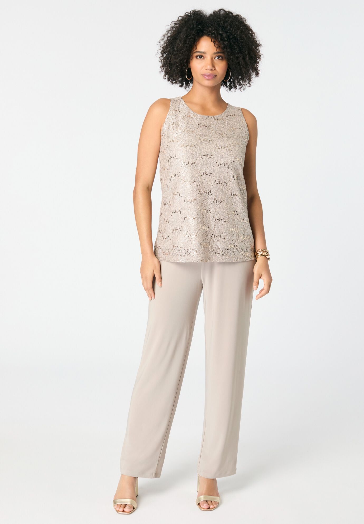 Plus-Size 3 Piece 3/4 Sleeve Foil Lace Duster Pant Set, SPARKLING CHAMPAGNE, alternate image number 4