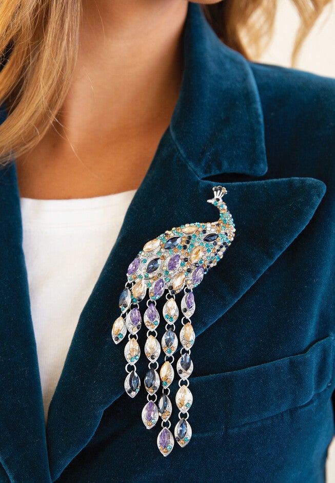 Marquise Cut Multi-Colored Crystal Peacock Pin Silvertone 5 1/2 inches Length, , alternate image number 2