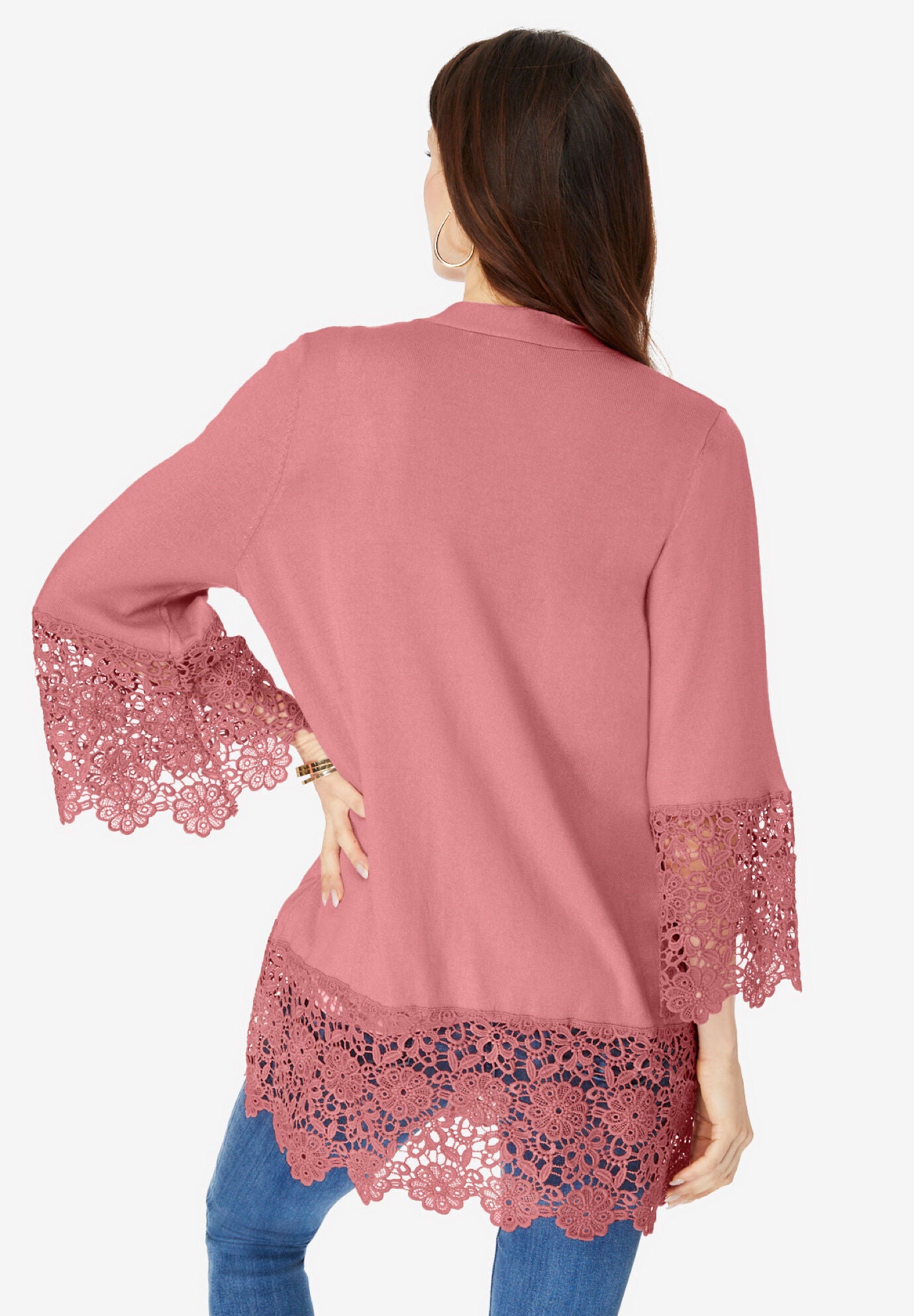 Fine Gauge Lace Trim Cardigan Sweater, , on-hover image number 1