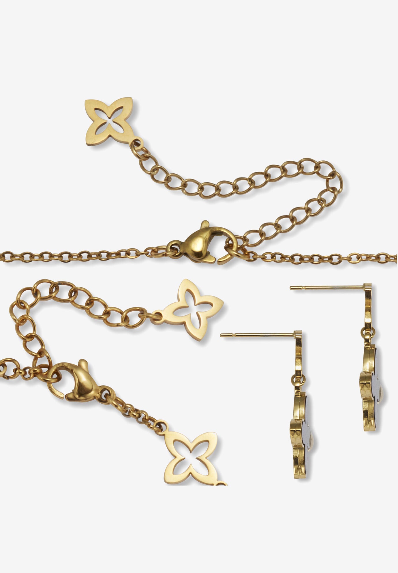 Genuine Black Mother Of Pearl Gold Ion-Plated Stainless Steel Clover Jewelry Set, , on-hover image number 1