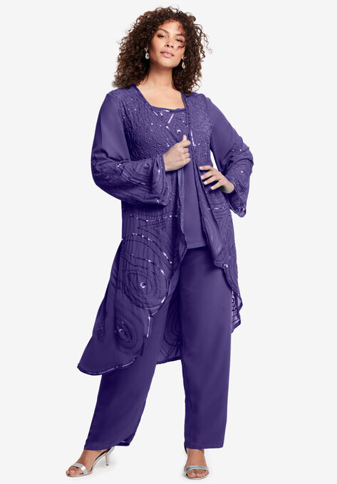 Three-Piece Beaded Pant Suit, MIDNIGHT VIOLET, hi-res image number null