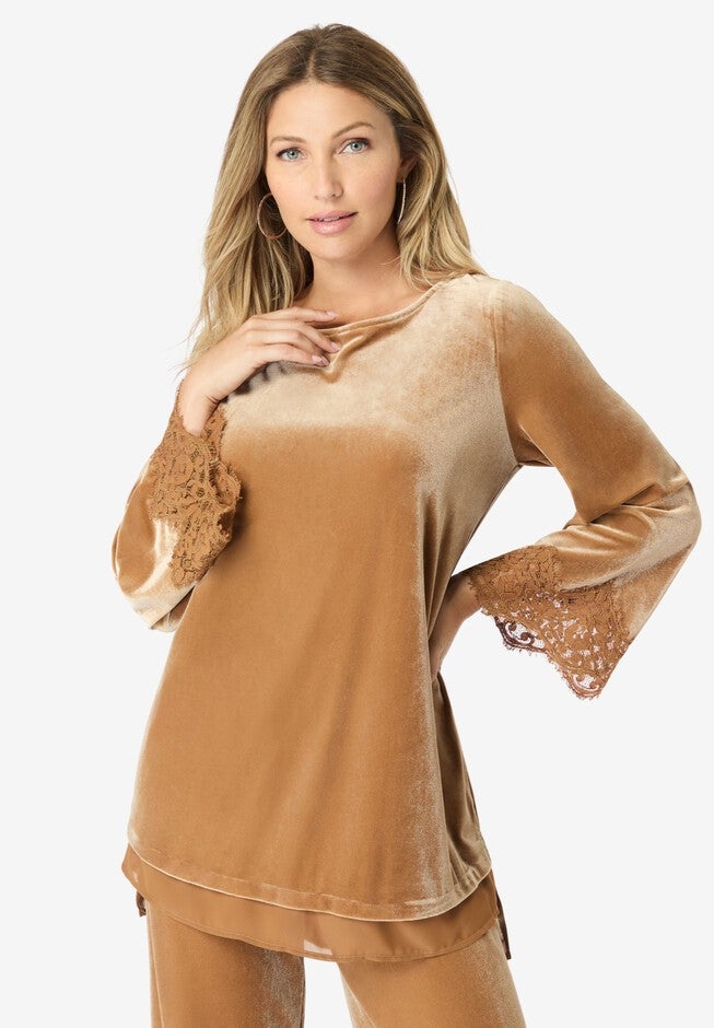 Lace-Trim Velour Tunic, ALMOND BROWN, hi-res image number null