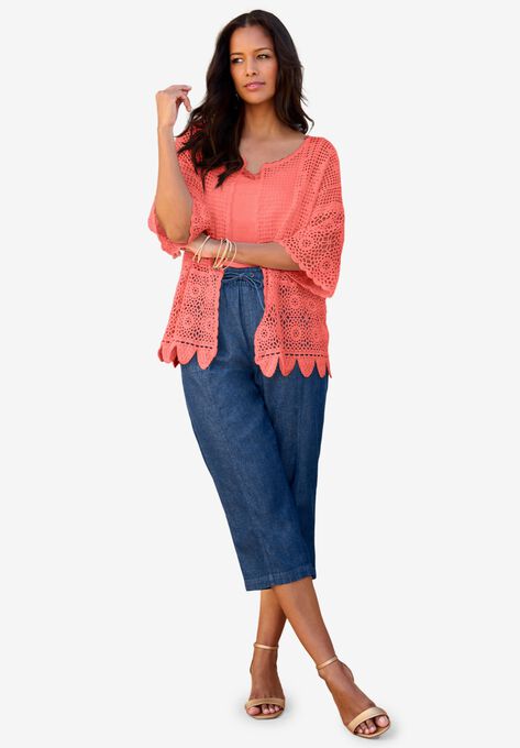 Scallop-Trim Crochet Cardigan, SUNSET CORAL, hi-res image number null
