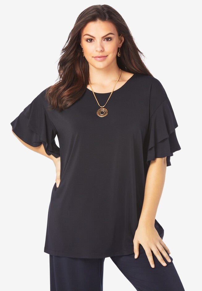 Ultrasmooth® Fabric Ruffle-Sleeve Top, BLACK, hi-res image number null