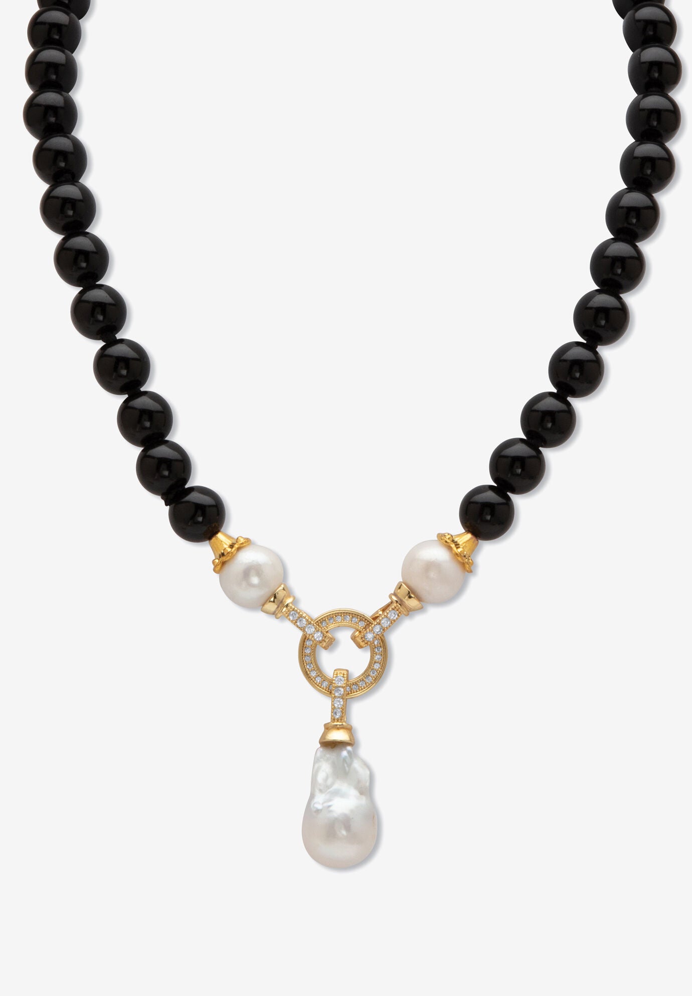 1.72 Cttw. Black Agate & Keshi Pearl Drop Beaded Necklace Gold-Plated 20 inches Length, BLACK, hi-res image number 0