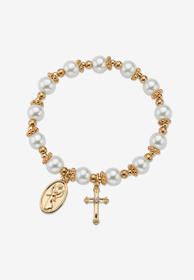 Round Simulated Pearl And Beaded Religious Stretch Bracelet In Goldtone 7 inches Jewelry, , on-hover image number 1