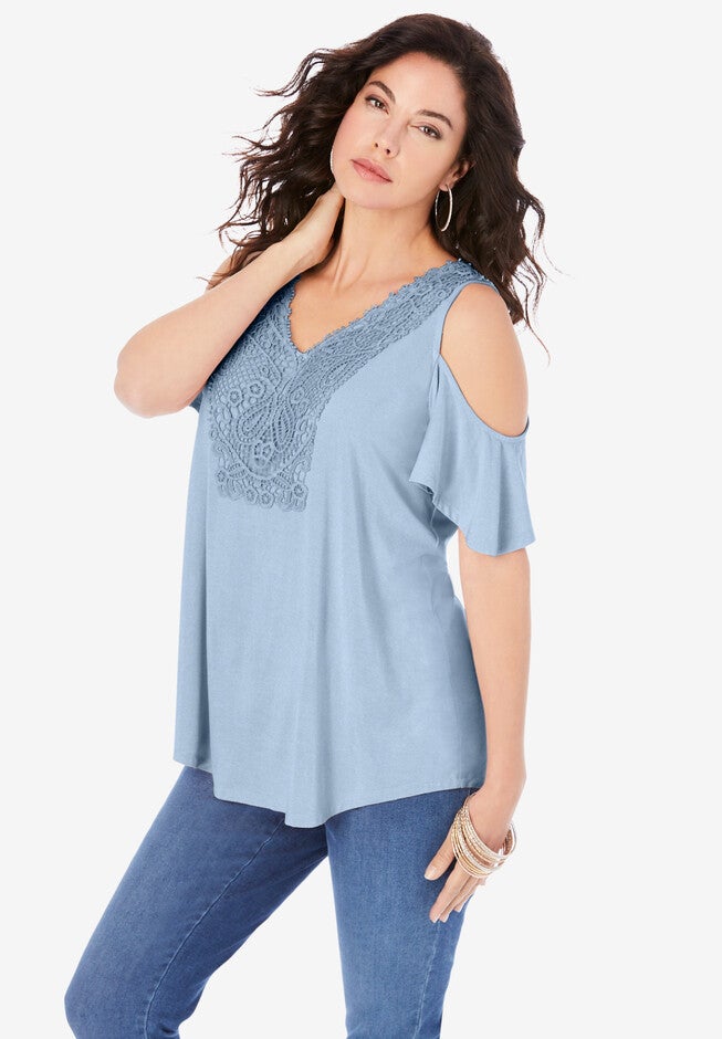 Lace-Trim Cold-Shoulder Tee, PALE BLUE, hi-res image number null