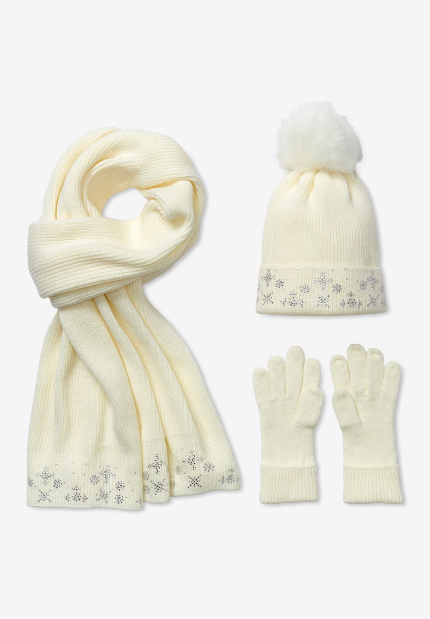 3 Piece Embellished Hat, Scarf And Gloves Set, , on-hover image number 1