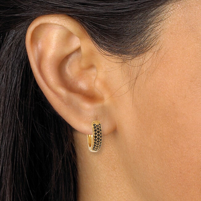 Genuine Black Spinel Yellow Gold-Plated Sterling Silver Huggie Hoop Earrings, BLACK, alternate image number null