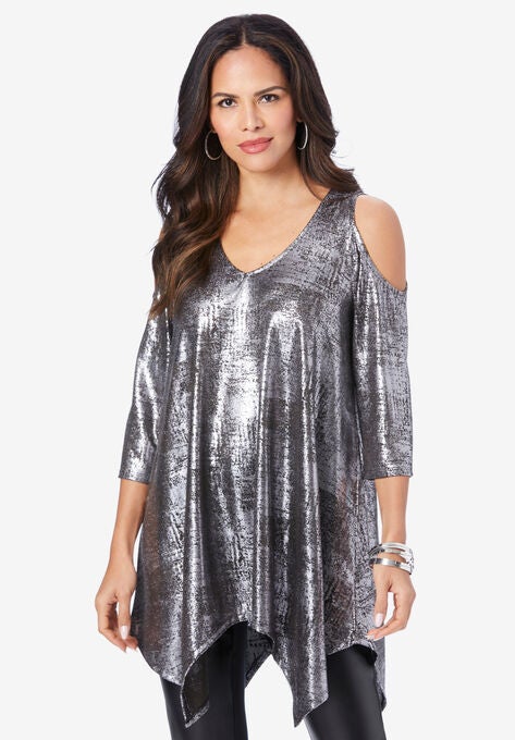 Metallic Cold-Shoulder Tunic, GUNMETAL, hi-res image number null