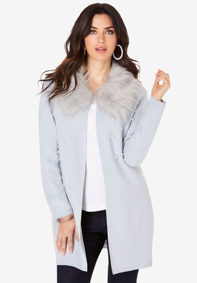 Faux-Fur Cardigan, PEARL GREY, hi-res image number null