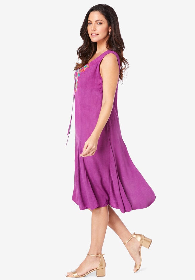 Embroidered Sleeveless Crinkle Dress, , alternate image number null