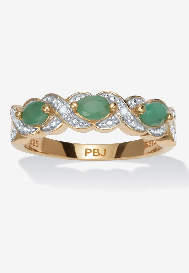 .41 Tcw Oval Genuine Emerald Diamond Accent 18K Gold-Plated Sterling Silver Ring, GREEN, hi-res image number null
