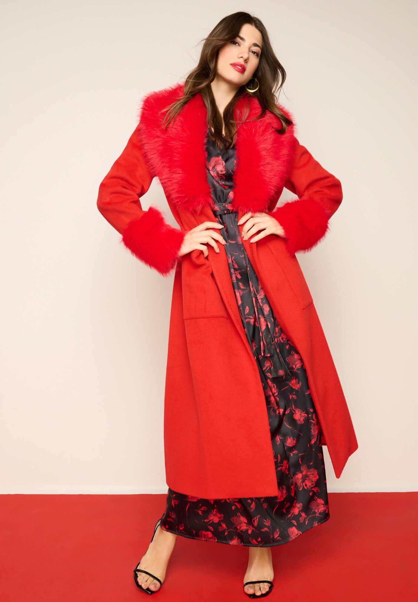 Plus Size Wool Blend Coat with Faux Fur Trim, VIVID RED, hi-res image number 0