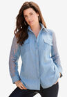 Lace-Sleeve Denim Big Shirt, LIGHT STONEWASH, hi-res image number null