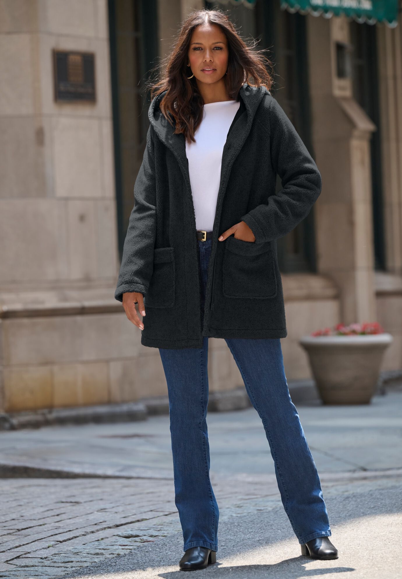 Plus Size Hooded Teddy Fleece Coat, BLACK, on-hover image number 1