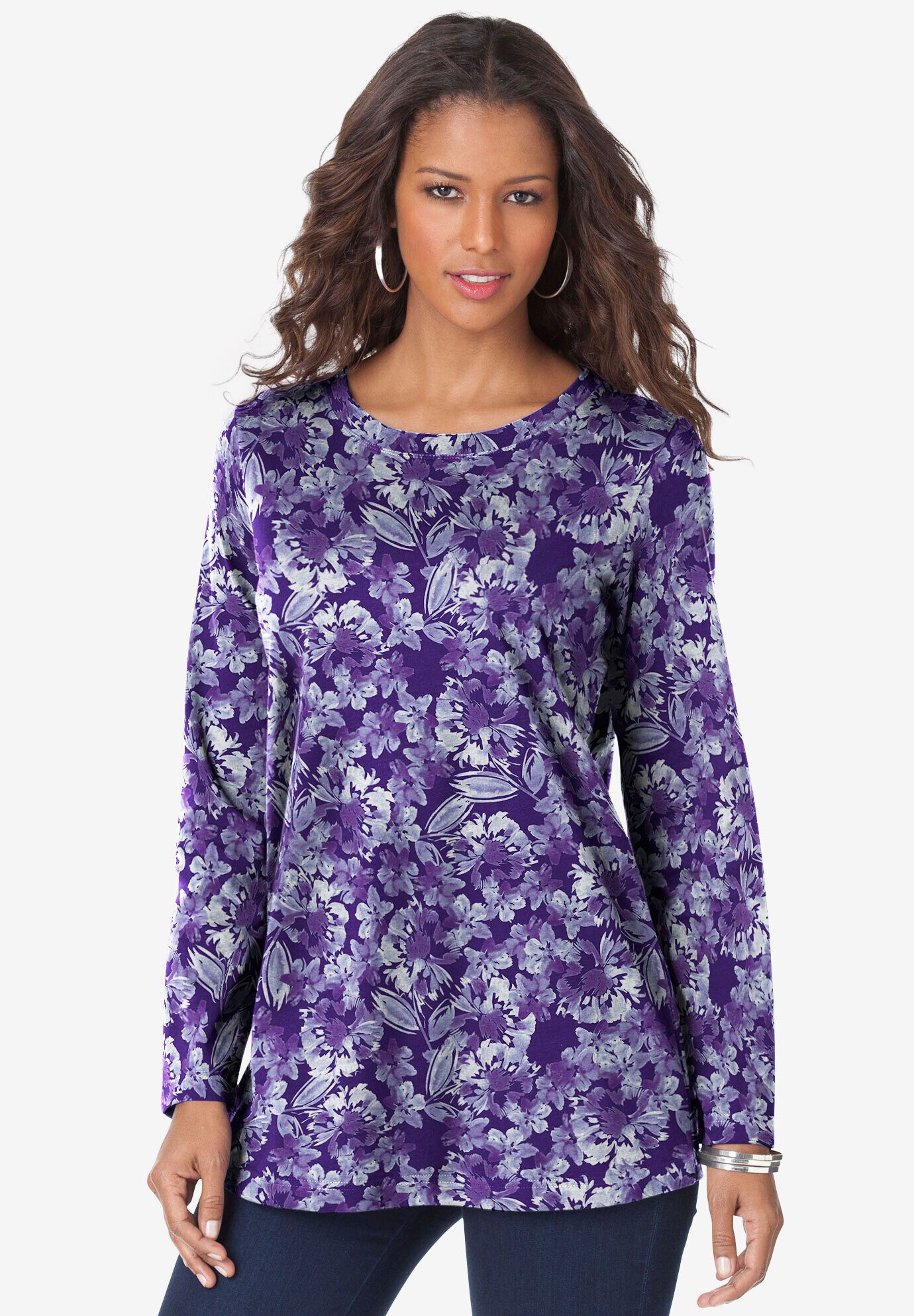 Plus Size Ultimate Cotton Crewneck Long Sleeve Tee, MIDNIGHT VIOLET WATERCOLOR FLOWERS, on-hover image number 1