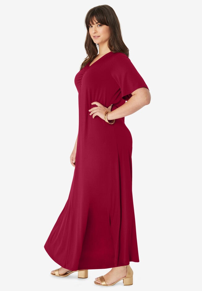 Ultrasmooth® Fabric Ruched V-Neckline Maxi Dress, , alternate image number null
