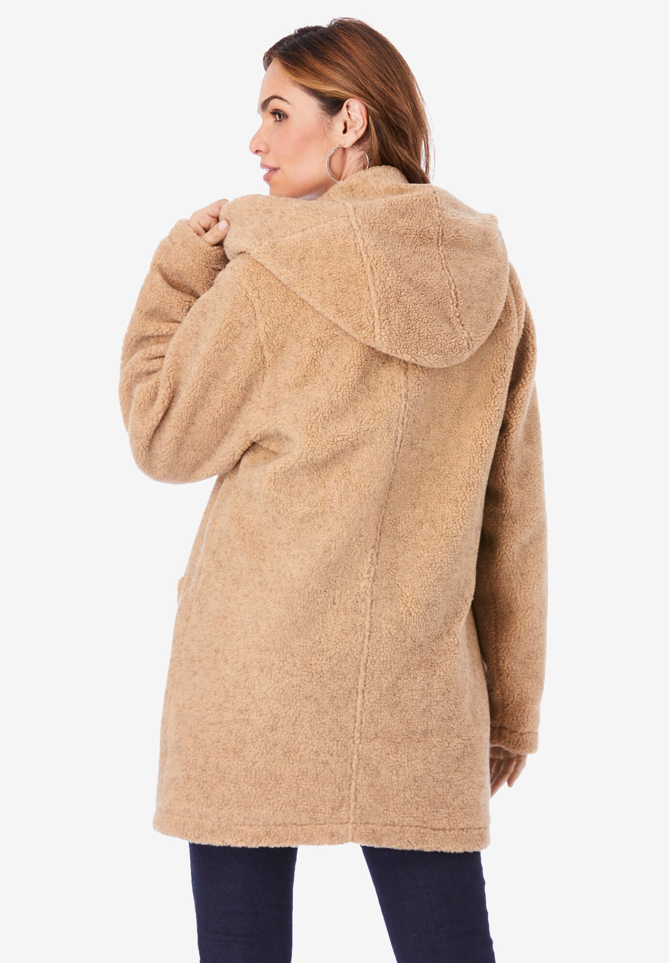 Plus Size Hooded Teddy Fleece Coat, BLACK, alternate image number 2