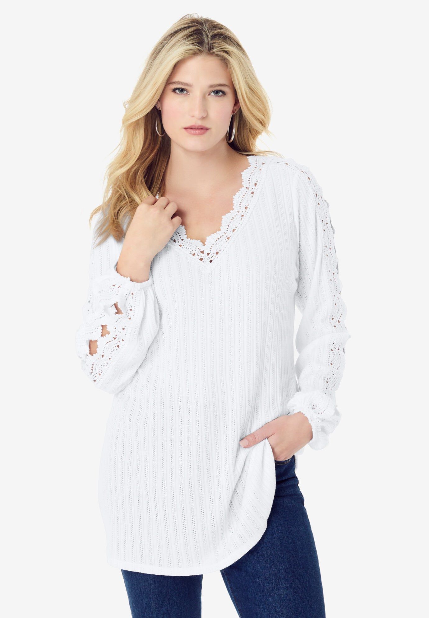 Lace Trim and Appliqu&eacute;d Tee, WHITE, hi-res image number 0