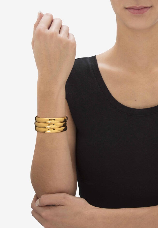 Goldtone Polished Bangle Earring and Ball Stud Earring Set 7.5 inches, , alternate image number 2