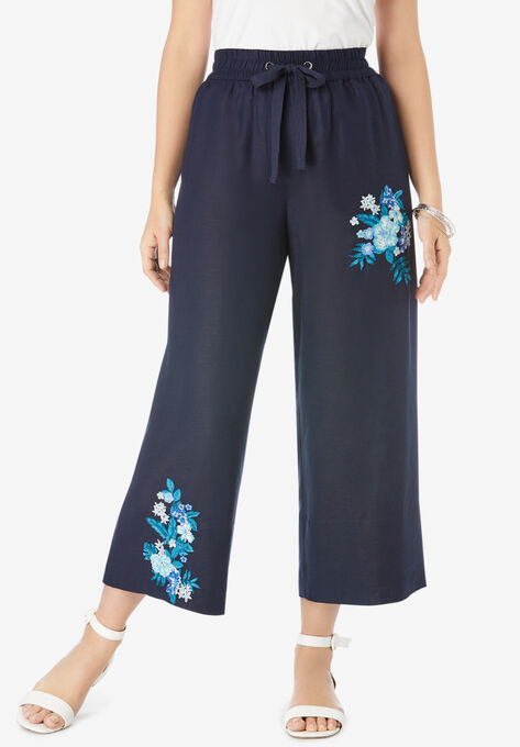 Linen Wide-Leg Crop Pant, NAVY TROPICAL EMBROIDERY, hi-res image number null