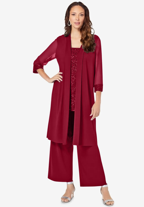 Three-Piece Lace & Sequin Duster Pant Set, RICH BURGUNDY, hi-res image number null