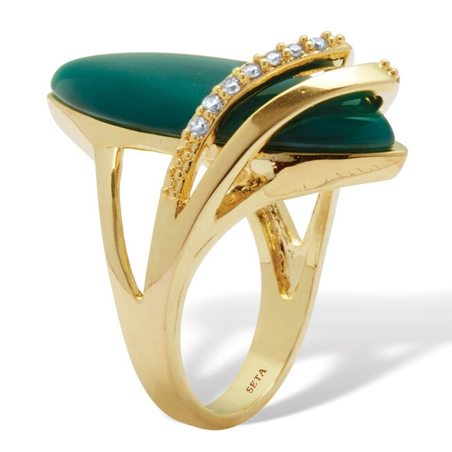 .16 TCW Genuine Green Agate and Cubic Zirconia Yellow Gold-Plated Marquise Ring, GREEN, on-hover image number 1