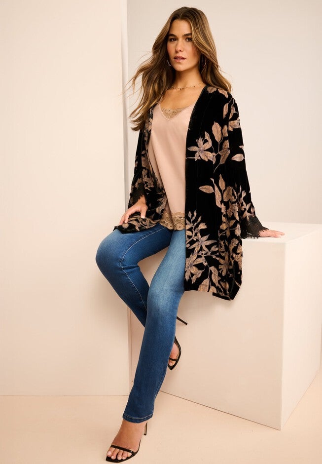 Embroidered Velour Kimono, BROWN FLORAL, hi-res image number 0