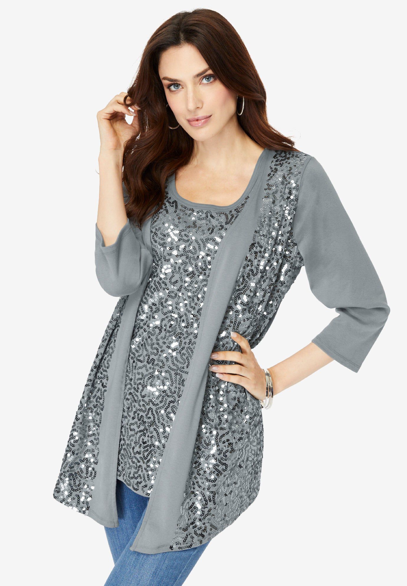 Sequin-Panelled Tank & Cardigan Set, GUNMETAL, hi-res image number 0
