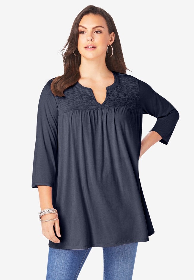 Shirred Notch-Neck Ultra Femme Tunic, NAVY, hi-res image number 0