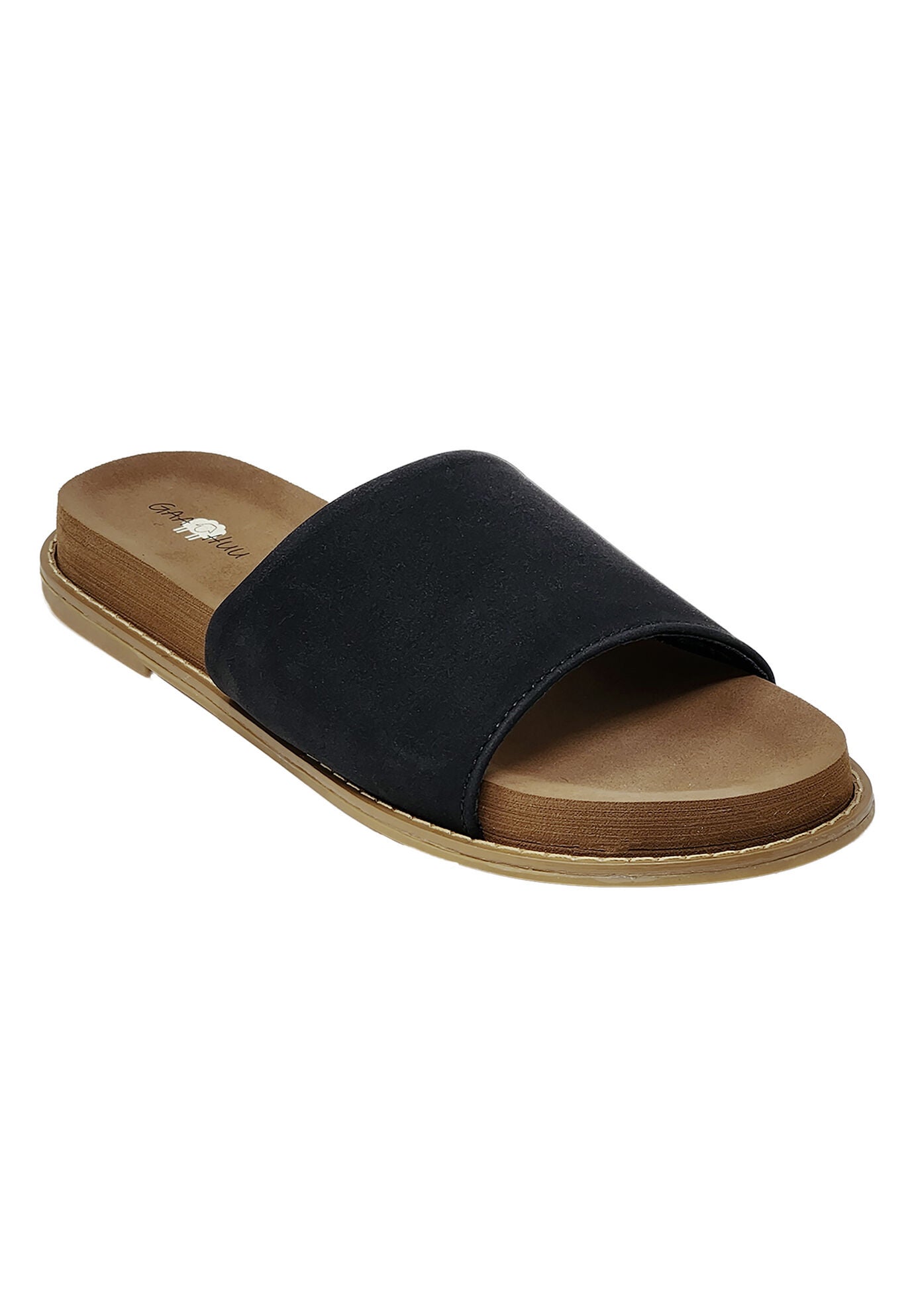 Womens Faux Leather Open Toe Slide Footbed Sandal, BLACK, hi-res image number 0
