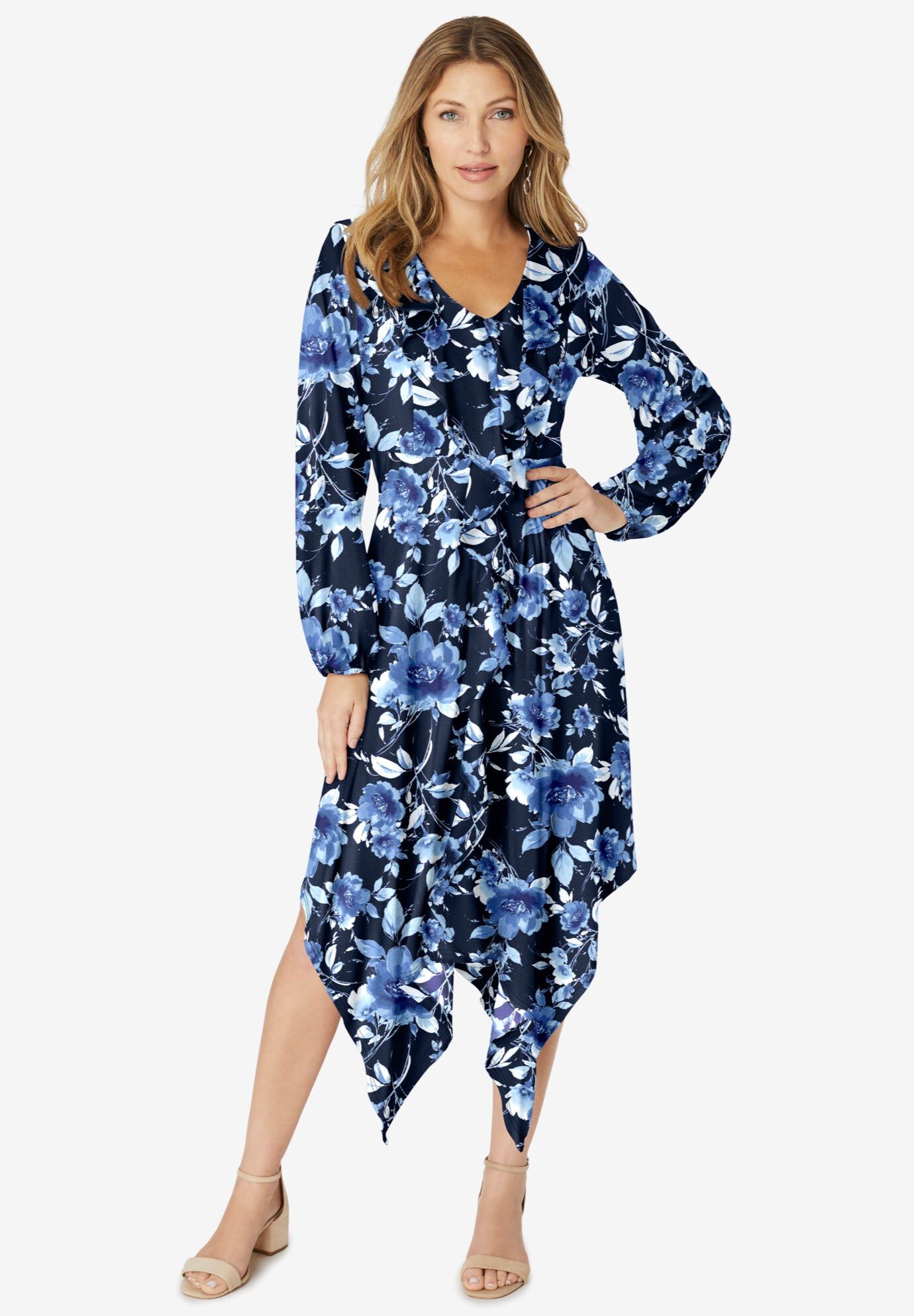 Ultrasmooth&reg; Fabric Ruffle Midi Dress, NAVY WATERCOLOR ROSE, hi-res image number 0